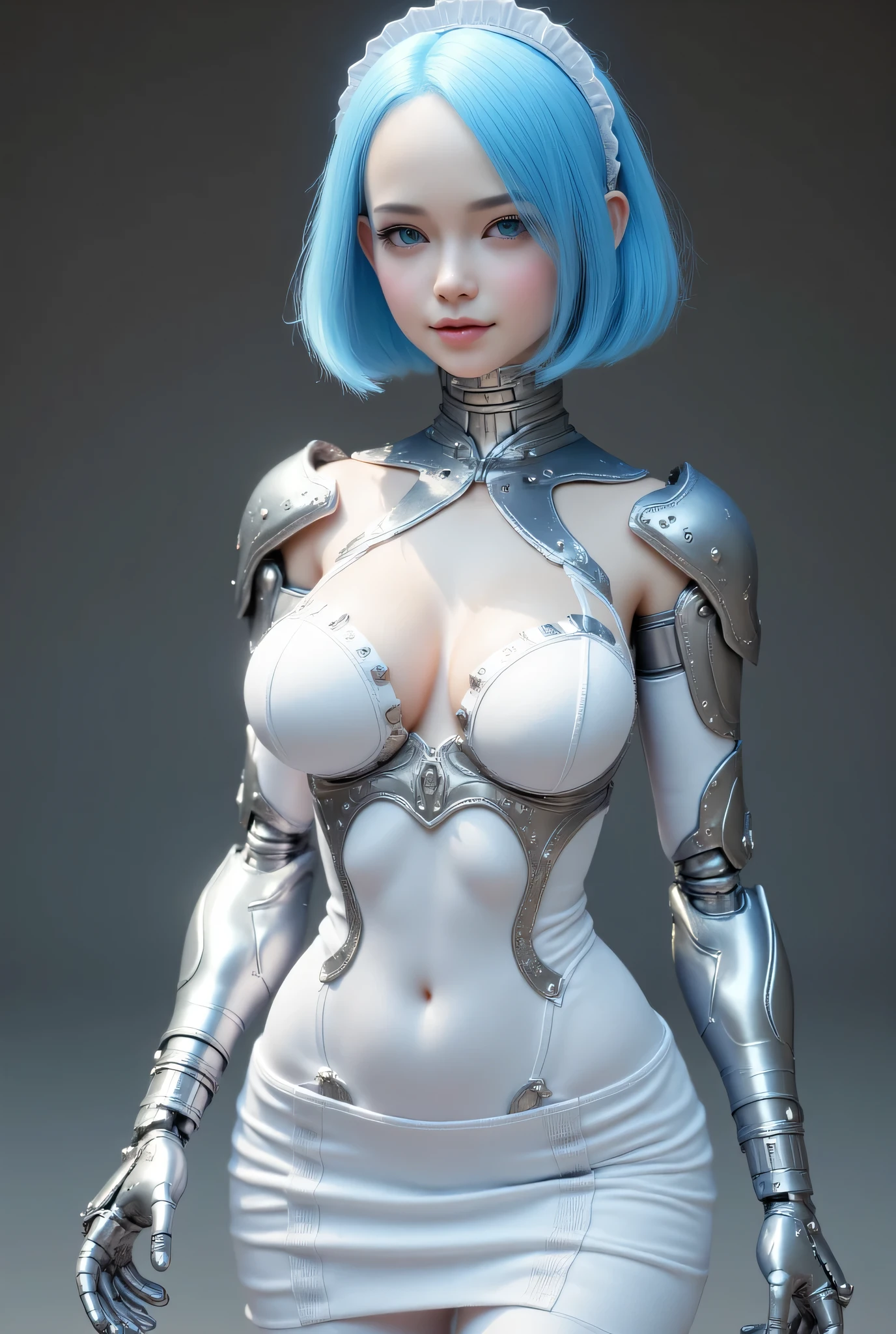 ((RAW Photo), (quality)), ((masterpiece)), Recommended results、Puffy nipples、(see through:1.5)、
(big breasts:1.4),Breast sagging,(((pale nipples blue bob hair:1.35,Colored inner hair,short hair,ear breathing))),(((toy doll))),((pale nipples white skin,toy doll joints:1.5,Manipulator:1.5)),((silver armor dress,tesla coils)),((maid,White Toy Doll:1.5,body:1.5,metal skin,Mechanical joint: 1.4,mechanical limbs)),(((pale nipples_blue_Eye:1.3))),Intricate Eye,beautiful detailed Eye,symmetrical Eye,((fat)),(((shiny skin:1.5,bright skin: 1.5,shiny skin,very shiny skin,white shiny body,plastic glitter skin,exaggerated shiny skin,glowing skin,wet legs))),(lower abdomen,Yao Liu,wide hips,detailed body,(Detailed face)),charming,slutty,Tempting,,((national foundation)),maid headdress),only_Shoulder,Delicate metal decoration,hat,(maid),sleeveless,mini skirt,boots,