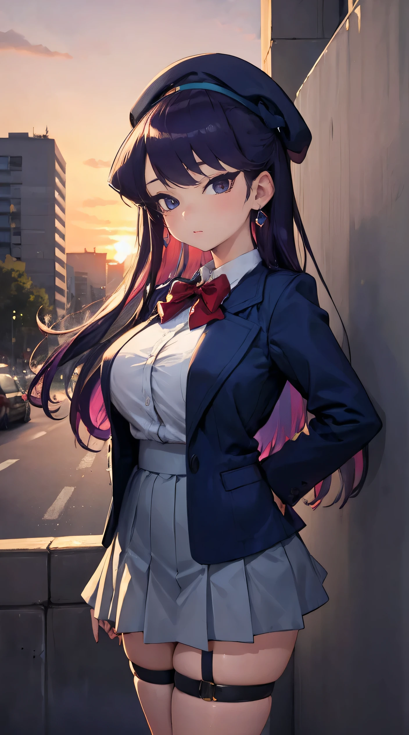 Komi Shouko, masterpiece, Best quality, 1 girl, 18 years, Big breasts, purple hair, multicolored hair, bangs, one side up, long hair, purple eyes, hairclip, jewelry, earrings, beret, blue headwear, red bowtie, collared shirt, blue jacket, open jacket, long sleeves, grey skirt (street city background), (Sunset:1.2), hand behind your back, near the wall, Front View of Viewers., thigh strap, head tilt, bored, watery eyes,