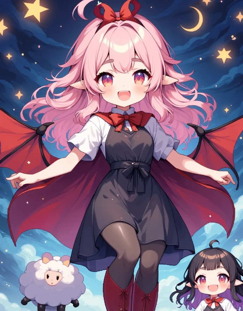  score_9,  score_8_up,  score_7_up,  score_6_up,  score_5_up,  score_4_up,  Anime Artwork, Vampire Girl,   1 girl, chibi style, Vampire Girl, Red eyes,  long pink fluffy hair , Thick eyebrows, Vampire Fang:1.1, Happy Face,  She has pointy ears , red ribbon on the head , Big bat wings on the waist ,  black dress,  red cloak like a vampire  ,  black stockings, Red high boots, sparkling star and shooting star and moon background,  deformed vampire girl in the lower right corner\Black Short Hair\cute\Hurrah!