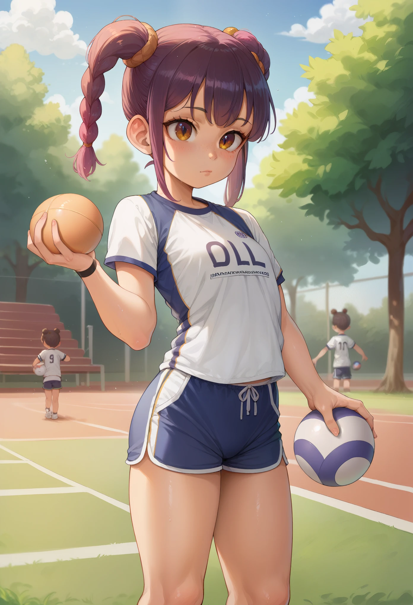Sciamano240, 1girl, (:1.5), sport girl, shirts, shorts, playing with ball, park background