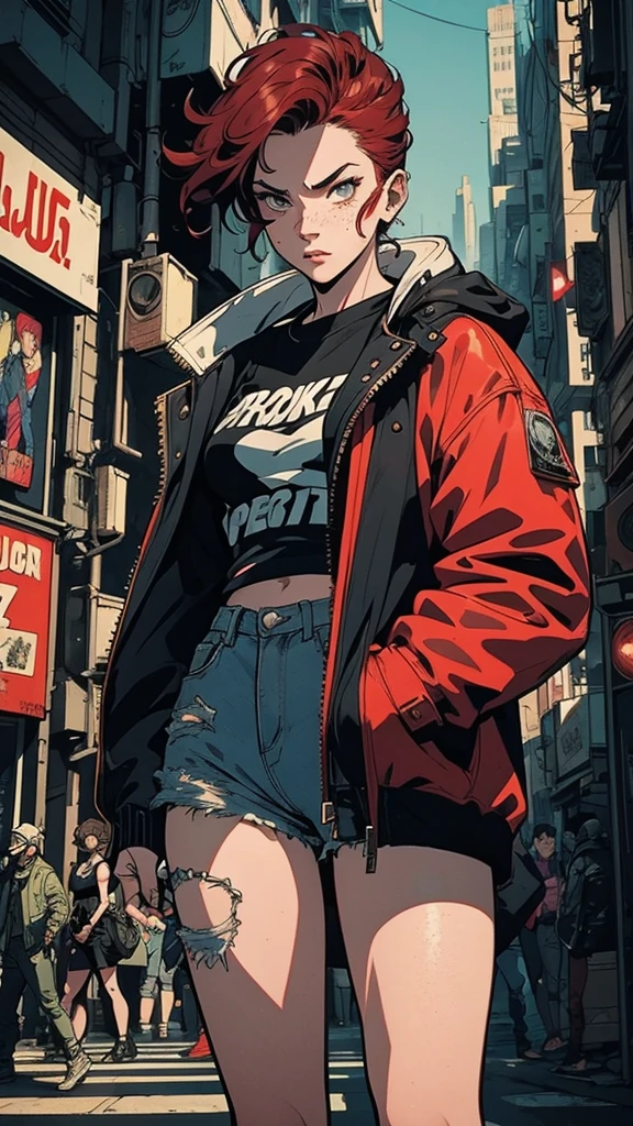 Beautiful woman with short red hair, freckles on her face, streetwere clothes, baggy and printed clothes, denim jacket, dynamic pose, futuristic environment, cyberpunk environment, futuristic background, dynamic poses, cinematic angle, well-marked lines, very evident outline in the drawing, 90's cartoon style, Vintage cartoon style, Jae Lee style, J.H. Williams III style, Sean Murphy style