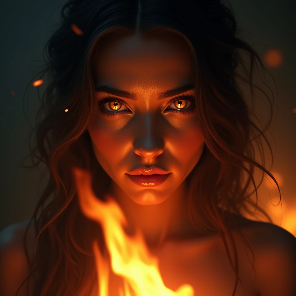 modelshoot style, a close photo of a sexy naked woman in a burning jungle, fire in the background, dust, particles, smoke, 8k, cinematic