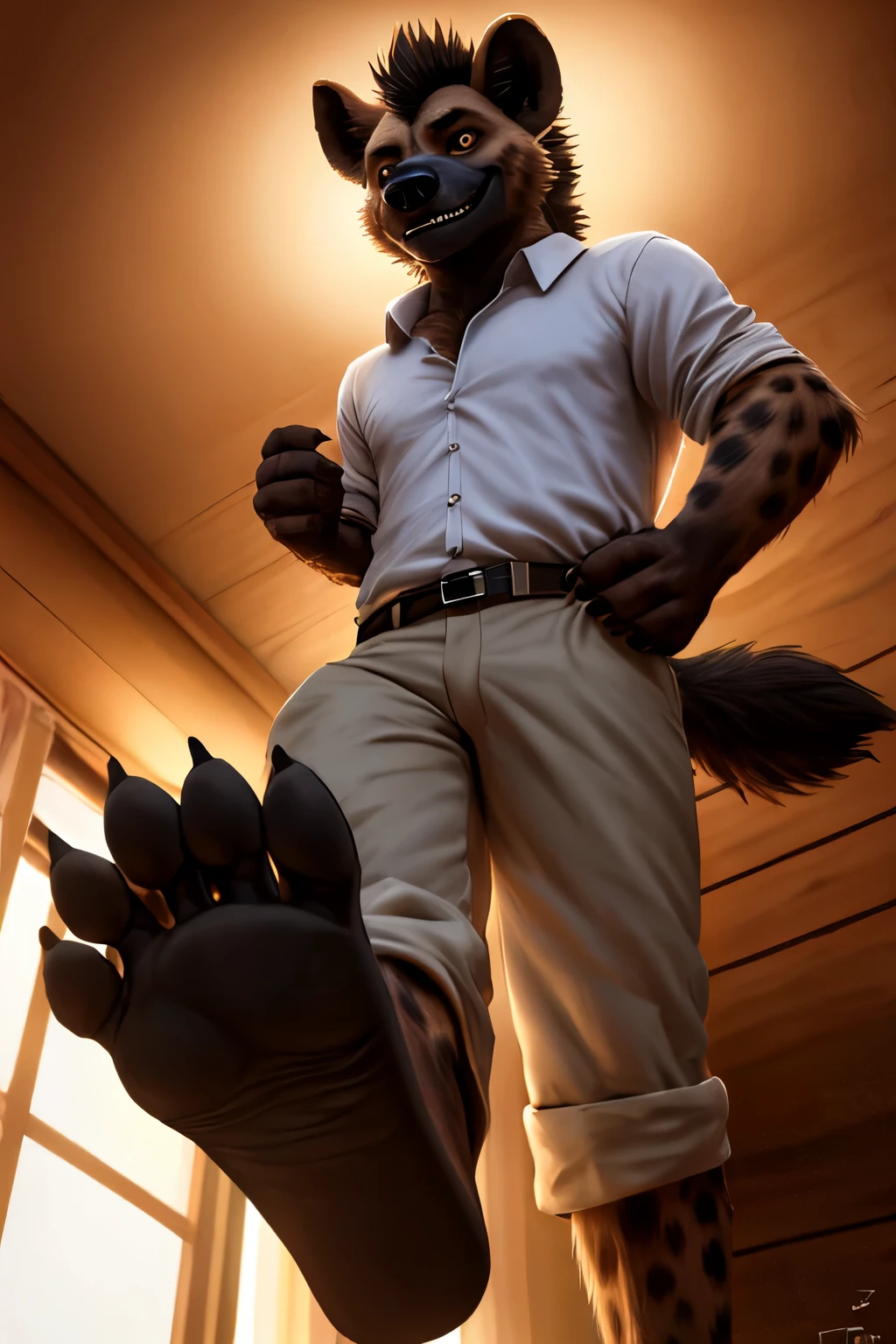 handsome, hyena, scruffy fringe, wearing a pale white buttoned shirt, ,eyes with a mischievous glint, brown eyes, average build, good eyes, warm lighting, 8k semi realistic, low angle, small grin, foot (5 toes ) ((small claws on toes)) ((five toes)) ((black soles)) (hyena tail) ((legs up against shoulders))
