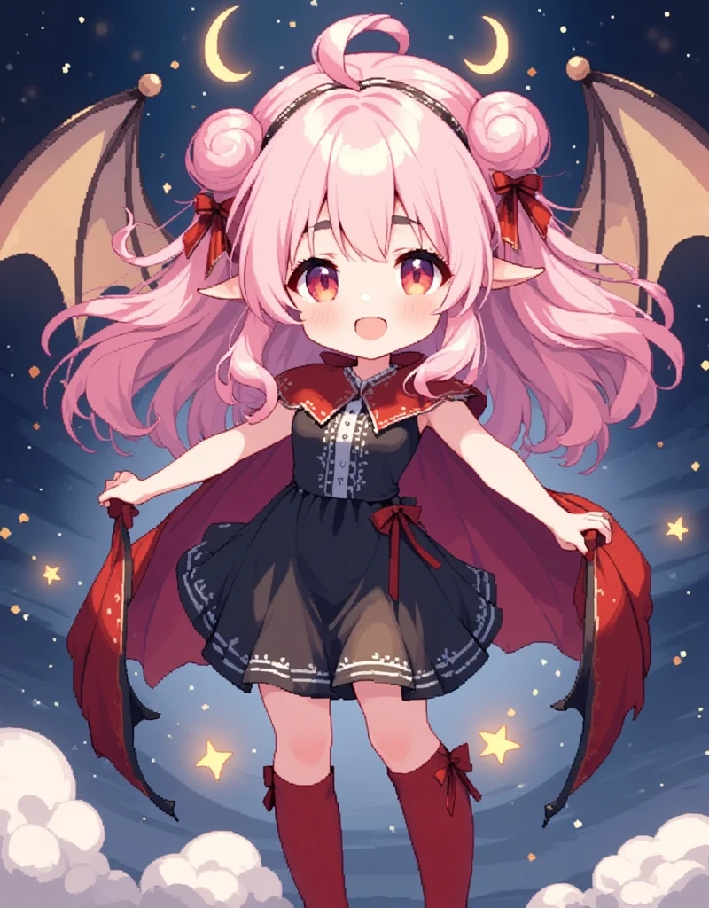  score_9,  score_8_up,  score_7_up,  score_6_up,  score_5_up,  score_4_up,  Anime Artwork, Vampire Girl,   1 girl, chibi style, Vampire Girl, Red eyes,  long pink fluffy hair , Thick eyebrows, Vampire Fang:1.1, Happy Face,  She has pointy ears , Red ribbonを頭に, Big bat wings on the waist ,  black dress,  red cloak like a vampire ,  black stockings, Red high boots, sparkling star and shooting star and moon background, 右下にデフォルメのVampire Girl\smile\Red eyes\ beautiful eyes\Black Hair\short hair\(Red ribbon)\ pointed ears\ is wearing a short black dress in the lower right\Red Cape\Hurrah!