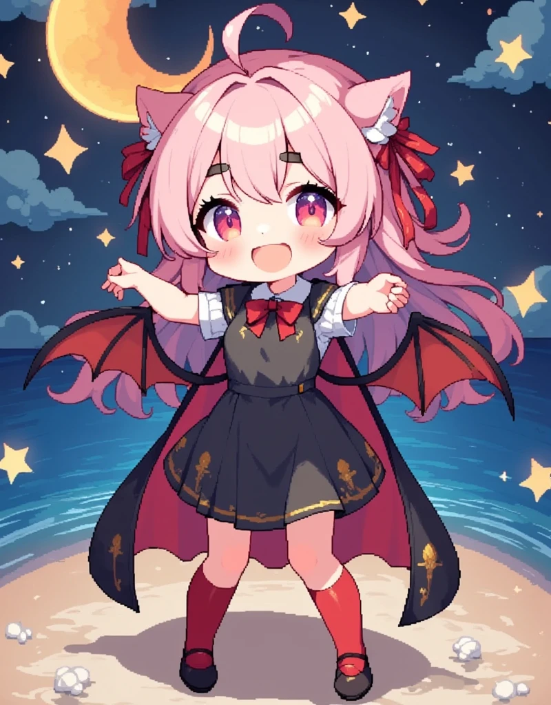  score_9,  score_8_up,  score_7_up,  score_6_up,  score_5_up,  score_4_up,  Anime Artwork, Vampire Girl,   1 girl, chibi style, Vampire Girl, Red eyes,  long pink fluffy hair , Thick eyebrows, Vampire Fang:1.1, Happy Face,  She has pointy ears , Red ribbonを頭に, Big bat wings on the waist ,  black dress,  red cloak like a vampire ,  black stockings, Red high boots, sparkling star and shooting star and moon background, 右下にデフォルメのVampire Girl\smile\Red eyes\ beautiful eyes\Black Hair\short hair\(Red ribbon)\ pointed ears\ is wearing a short black dress in the lower right\Red Cape\Hurrah!