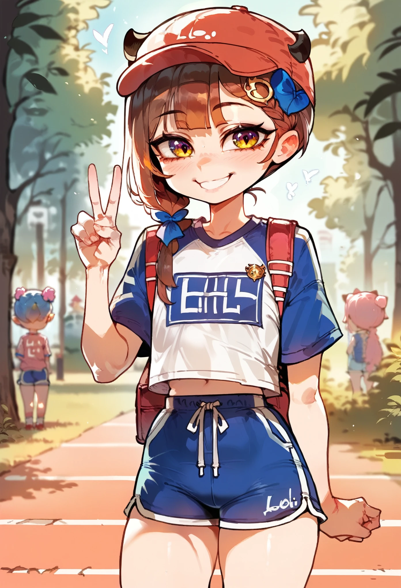 Floox style, 1girl, (loli:1.5), sport girl, shirts, shorts, smile, v, park background