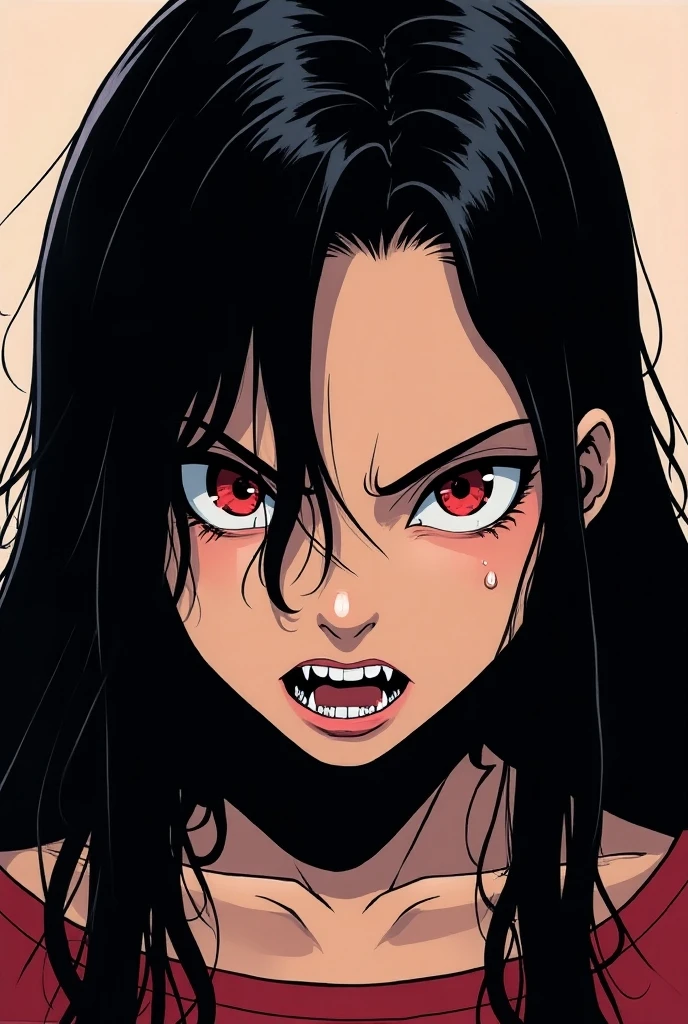Create a full-length anime-style front-facing image of a gray tieflyn woman with red eyes and shoulder-length black hair who is slightly older without pointy ears and has an angry expression.