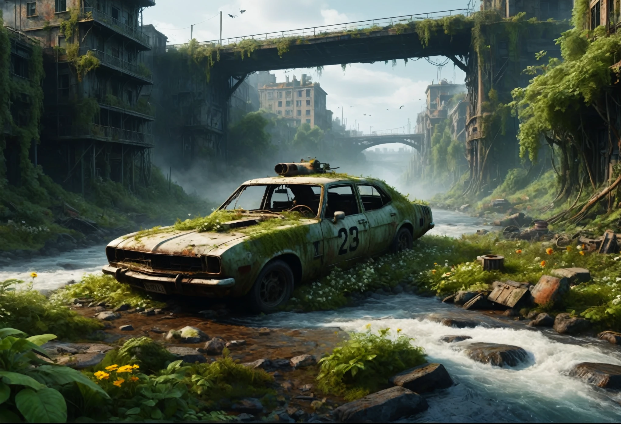 “Create a 3D animation of an abandoned metropolis (2022) in the style of Jakub Rozalski * rusty helicopter covered in moss, showing signs of decay * Intricate details, including texturing and modeling, in ultra-high quality * Render the scene in 8K resolution (7680 x 4320 pixels) with extreme attention to detail The metropolis should be overgrown with lush greenery, vines and flowers, bridges covering buildings and streets. Rusty cars should be in various states of disrepair, with visible corrosion and oxidation. Include subtle lighting and atmospheric effects to create a sense of depth and immersion. Deliver a detailed, seamless, high-quality 3D animation that meets these requirements.”