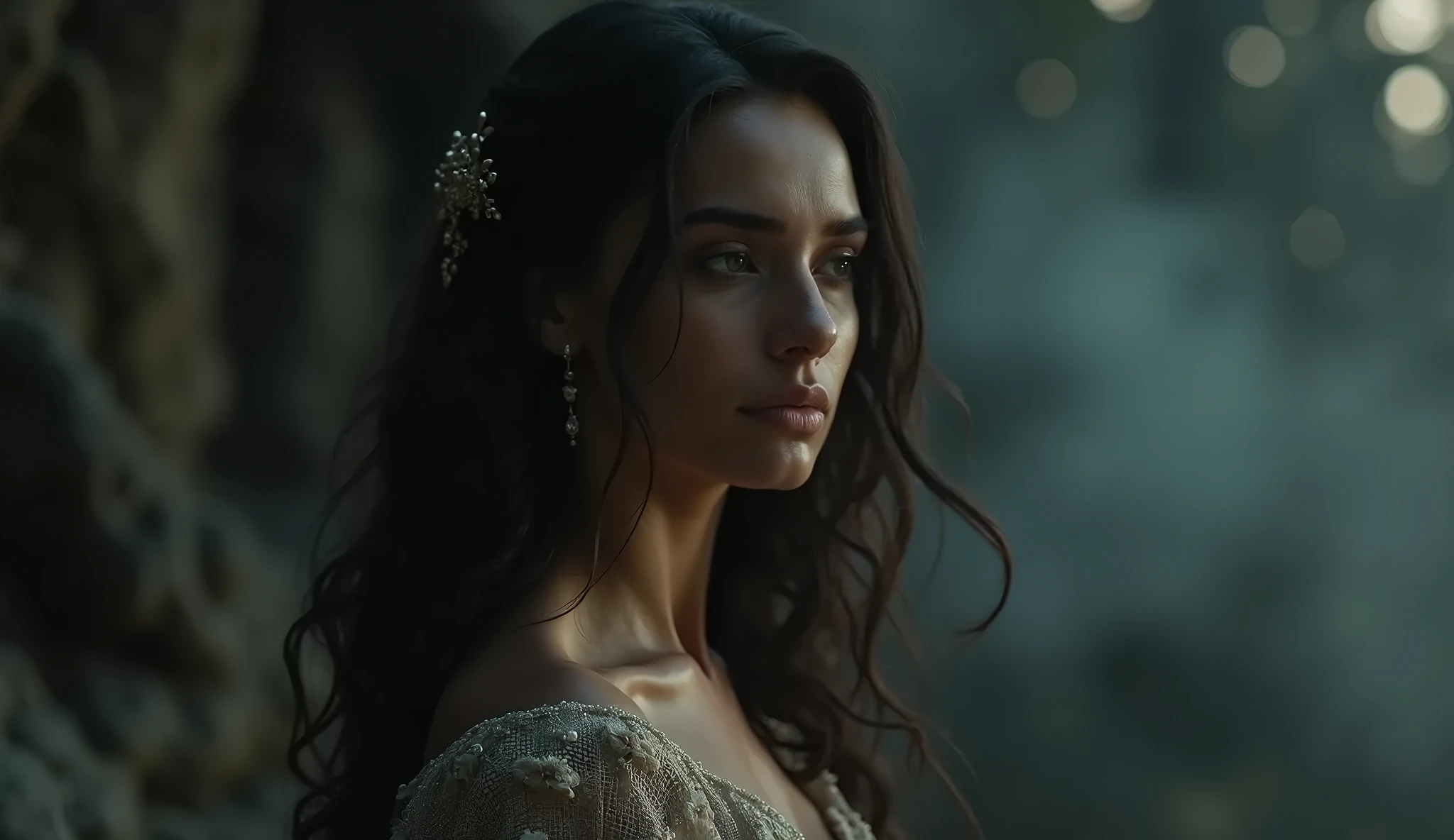 RAW photo, high quality, detailed face, cinematic shot, dslr, soft lighting, film grain, hyper realistic, detailed skin, rich colors, hyper realistic, dramatic lighting, cine still 800, (hyperrealism:1.2), (photorealistic:1.2), 85mm lens, f/1.8 aperture, (masterpiece:1.3), hyperrealistic rendering, (cinematic celestial creation:1.3) , (masterful design:1.1) , high-resolution shot, fantastic woman amidst celestial world, ethereal and majestic, luminous surroundings, surreal landscape, enchanting atmosphere, dreamlike composition, (celestial beings:1.2) , (ethereal glow:1.1) , (magical realism:1.15) , (surreal enchantment:1.2) , (fantasy allure:1.1)