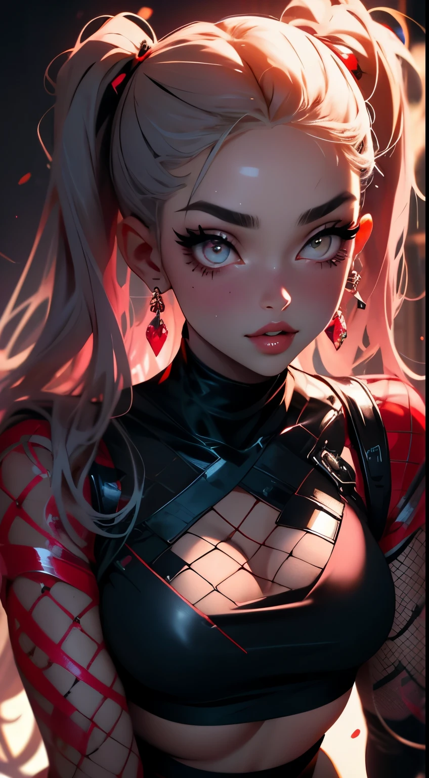Harley Quinn from Batman、Harley Quinn in the live-action movie、One Woman、Having your photo taken by a friend、Twist the ends of your hair with your fingers、pov、insanity、Devilish smile、detailed、Masterpiece、Cinema Lighting、Spread your legs、Have a metal bat、Queen style、Strong posing