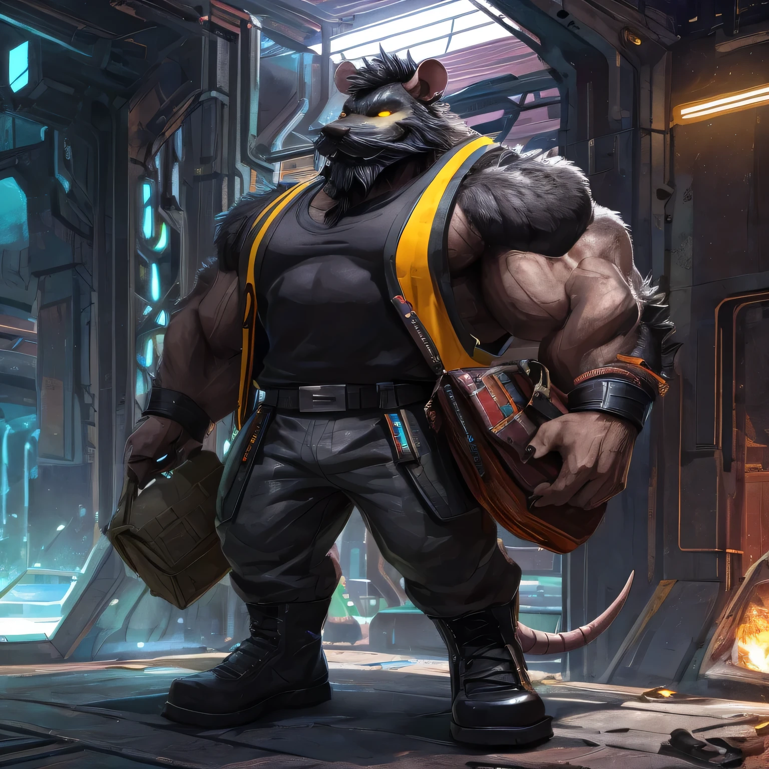 An alone anthropomorphic badass scavenger rat (realistic, detailed, american shot, aesthetic physique, aesthetic proportions, 1 meters tall, small, well-built body, black hair, brown body, rat head (rat head, black thick full mustache, black thick trimmed full beard, black thick short hair, bright yellow glowing eyes, black fur) black fur, wears a black tank-top, wears a black jacket, wears a futuristic black armored pant, wears futuristic black boots, wears a black tank-top, wears a black jacket, holds a bag in his right hand, grab futuristic artifact with his left hand) collecting artifacts on the ground, holds a bag in his right hand, grab futuristic artifact with his left hand in a futuristic abandonned sewers