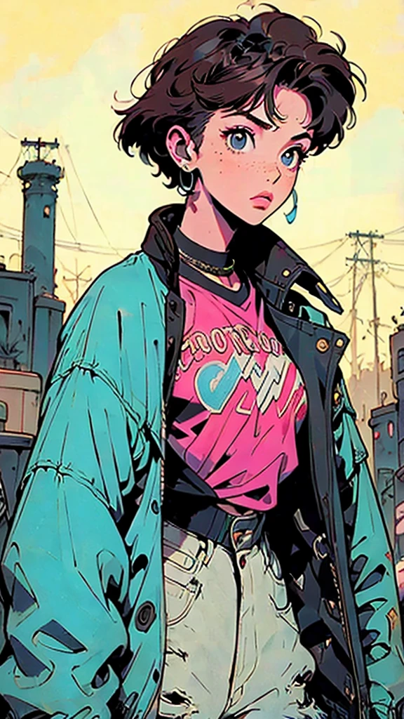 Beautiful woman with short red hair, freckles on her face, streetwere clothes, baggy and printed clothes, denim jacket, dynamic pose, futuristic environment, cyberpunk environment, futuristic background, dynamic poses, cinematic angle, well-marked lines, very evident outline in the drawing, 90's cartoon style, Vintage cartoon style, Jae Lee style, J.H. Williams III style, Sean Murphy style