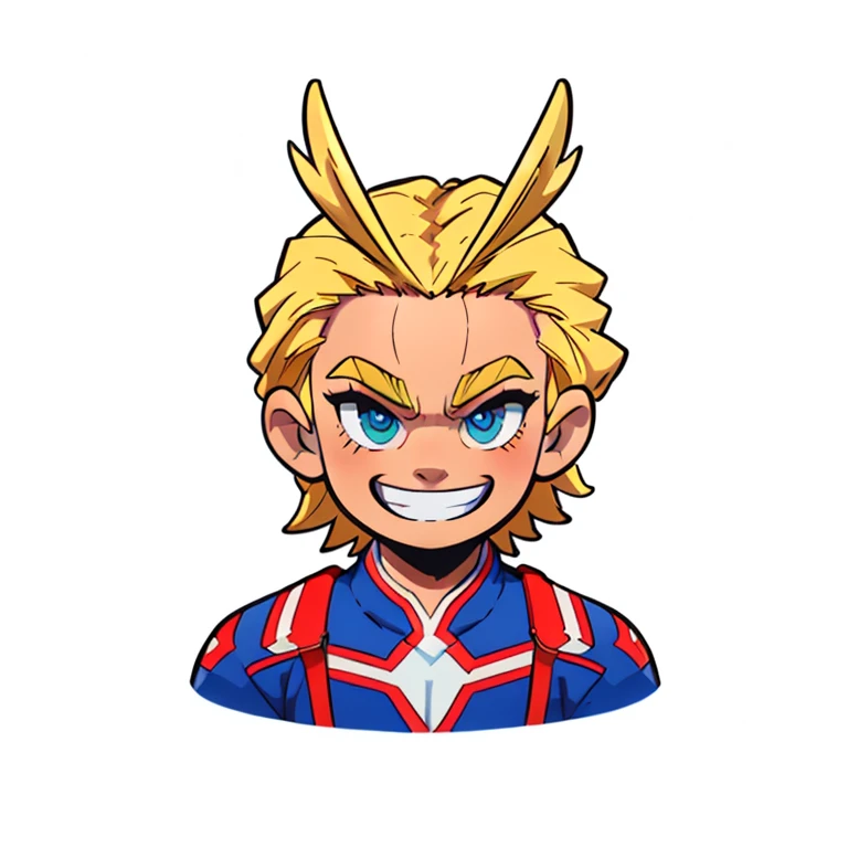 allmight, smile, antenna hair, blonde hair, 1boy, happy, smiling, male focus, uhd, 4k, face detail, eyes detail, only_head, head_only, white background, solo, kawaii, chibi, upper body, big smiling, showing teeths, 