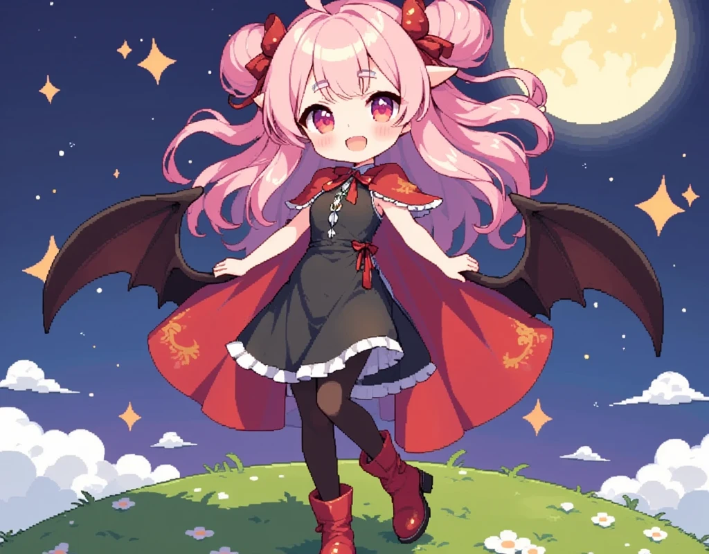  score_9,  score_8_up,  score_7_up,  score_6_up,  score_5_up,  score_4_up,  Anime Artwork, girl Aは Vampire Girl,  1 girl, chibi style, Vampire Girl, Red eyes,  long pink fluffy hair , Thick eyebrows, Vampire Fang:1.1, Happy Face,  She has pointy ears , Red ribbonを頭に, Big bat wings on the waist ,  black dress,  red cloak like a vampire  ,  black stockings, Red high boots, sparkling star and shooting star and moon background, (girl Bは Vampire Girl\smile\Red eyes\ beautiful eyes\Black Hair\short hair\(Red ribbon)\ pointed ears\ wearing a short black dress\Red Cape\Hurrah!)