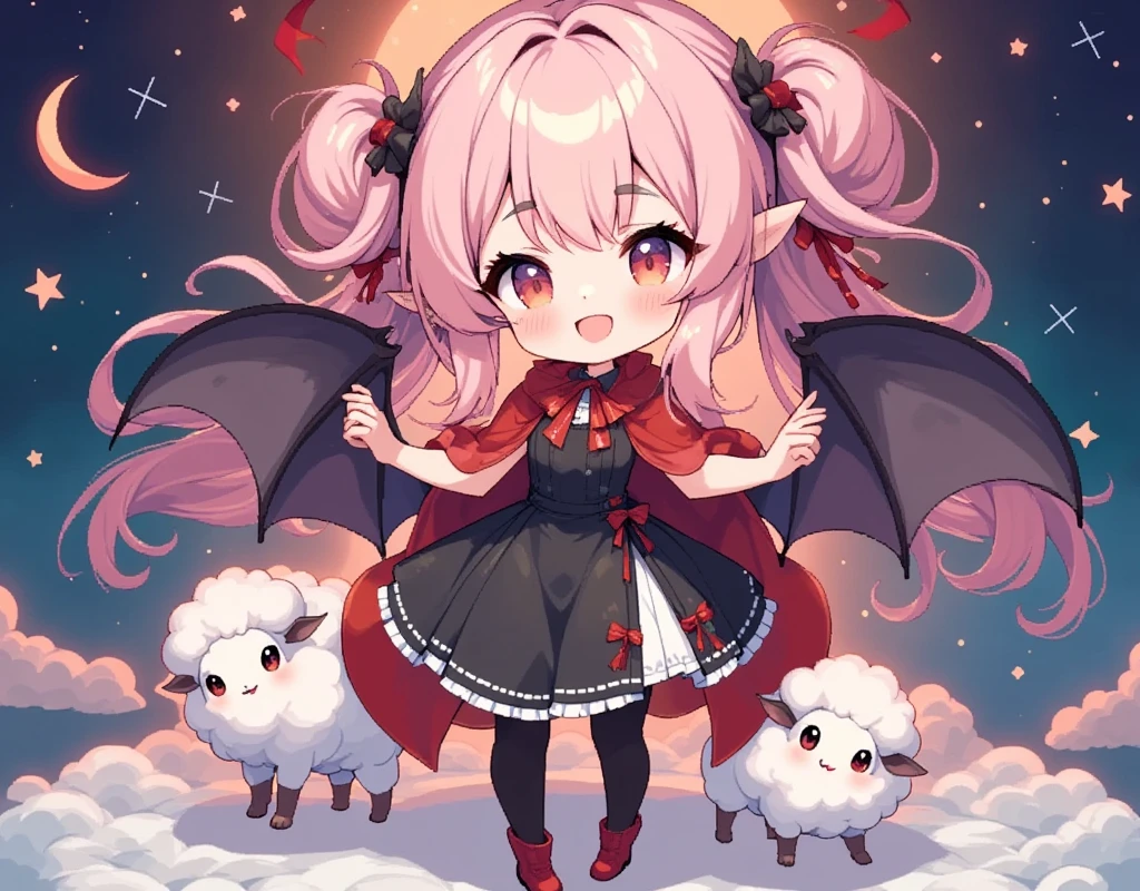  score_9,  score_8_up,  score_7_up,  score_6_up,  score_5_up,  score_4_up,  Anime Artwork, girl Aは Vampire Girl,  1 girl, chibi style, Vampire Girl, Red eyes,  long pink fluffy hair , Thick eyebrows, Vampire Fang:1.1, Happy Face,  She has pointy ears , Red ribbonを頭に, Big bat wings on the waist ,  black dress,  red cloak like a vampire  ,  black stockings, Red high boots, sparkling star and shooting star and moon background, (girl Bは Vampire Girl\smile\Red eyes\ beautiful eyes\Black Hair\short hair\(Red ribbon)\ pointed ears\ wearing a short black dress\Red Cape\Hurrah!)