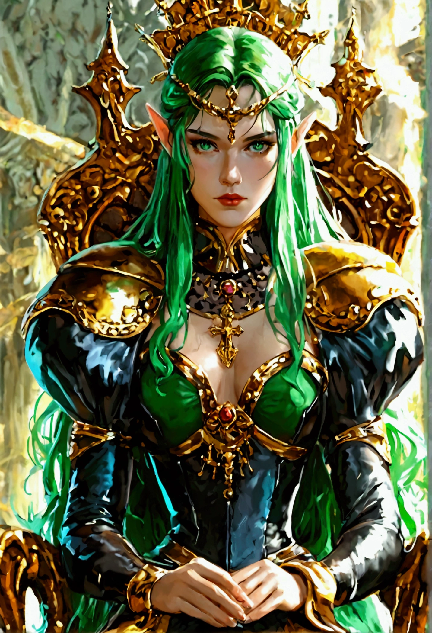 A tall and beautiful elf woman, with green pupils, contempt in her eyes, a cold expression, a haughty posture, chest up, golden light armor all over her body, exposed chest, exposed shoulders, exposed navel, exposed thighs, looking up camera, strolling through medieval streets.