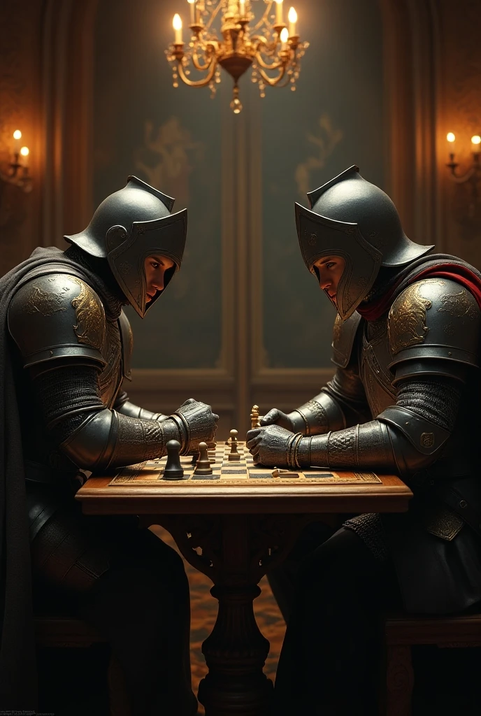 medieval atmosphere, Several knights stands around a tactical map on the table, chess pieces <lora:add-detail-xl:1> <lora:HXarmour_068:1>