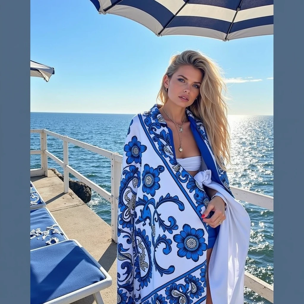 Full body, a sexy woman with long blonde hair, and beautiful breasts, wearing a white swimsuit and a blue and purple robe. She is kneeling on a tiled floor, and the background shows a beach and the sea. The woman is looking at the camera, and she has a serene expression on her face. The image is well-lit and the colors are vibrant.