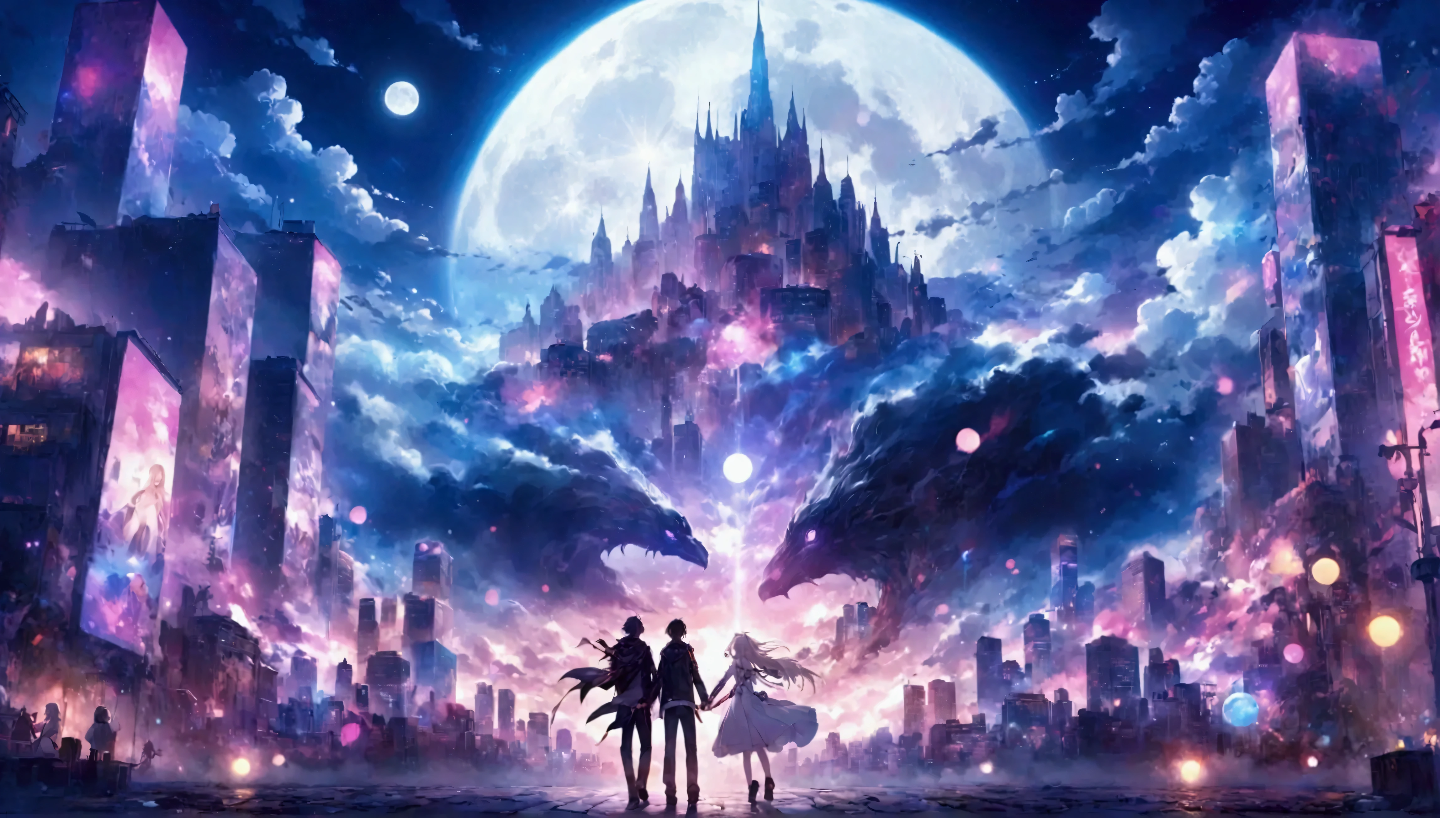 Anime couple in the city on the night of the full moon、beautiful fantasy anime、epic light novel art cover、 anime fantasy art 、 Dream Punk Romanticism Artwork 、Epic light novel cover、アニメkey art、key art、2。5 d CGI anime fantasy art 、anime art wallpaper 4k、anime art wallpaper 4k、8k anime art wallpaper、Key Visual