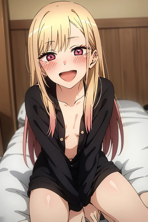 ((Best Quality)), ((masterpiece)), (be familiar with),  perfect face, indoor, bedroom, Watching the audience,
One woman, Kitagawa Marin,
Open Mouth, Ecstatic expression, blush, smile,
Small breasts,  flat chest, , , , Girl,
Long Hair, Long Hair,
Leg spread,