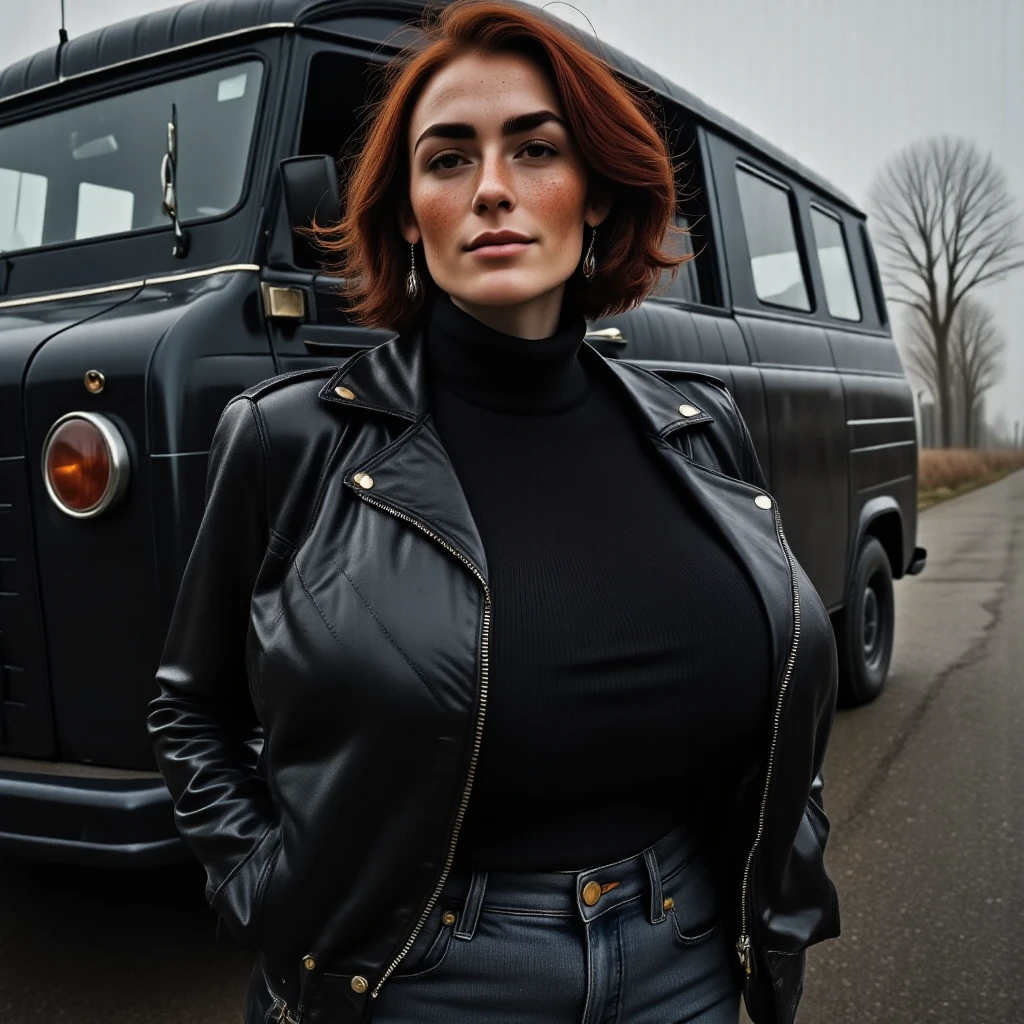 Photorealistic, cinematic style, picture of a beautiful British woman leaning against the side of a old black Chevy van. (Dynamic pose: 1.5), (slight smile). She has Brown eyes, downturned eye shape, light skin and freckles, reddish-brown hair.  She's wearing a black biker jacket, black jeans and black turtleneck sweater. Black sunglasses. Behind her is the big black Chevy van, black asphalt on the ground. ((Theme colour is black)). perfect hand,HDR, intricate details ,