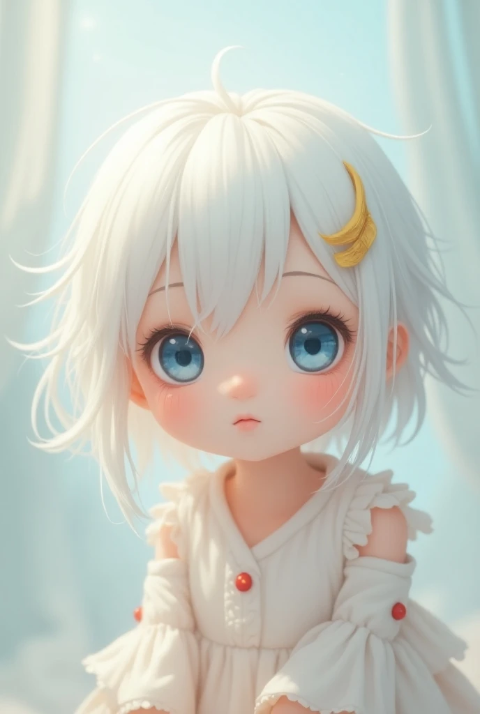 a child with wild curly white hair, one blue eye and one brown eyes, wolf ears on his head