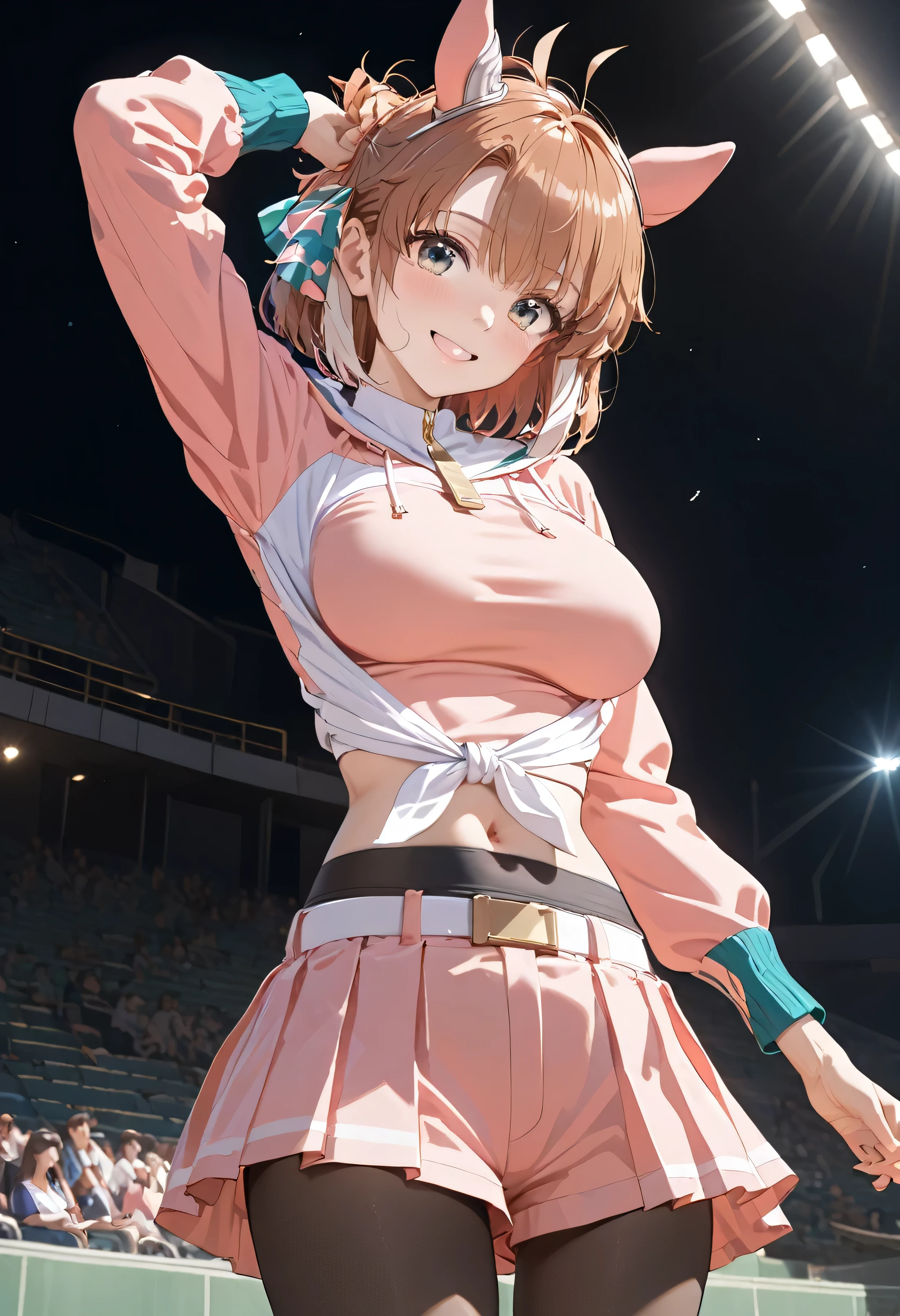 1girl,dantsu_flame\(umamusume\),horse tail,horse ears,black pantyhose, midriff, belt, tied shirt, pink skirt, navel, solo, pink shirt, long sleeves, pink shorts,(((from side)),((from below)),((Dutch angle)),(((((stadium))))),(((((looking at auditorium))))),teardrop,smile,put her hand chest,outdoor,turf,night,moon,shiny skin, shiny,ai-generated,,beautiful eyes,masterpiece,best quality,highres,4k,8k,art by Sincos,Cute,Anime,Artist by sincos