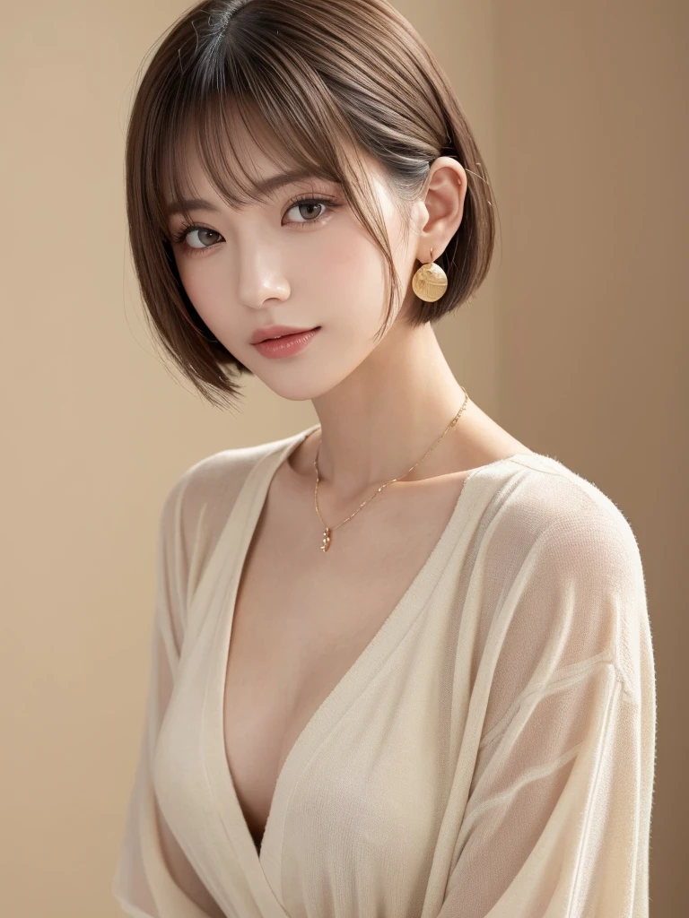  ((Best Quality, 8k, masterpiece:1.3)), concentrated: 1.2,   perfect body beauty  : 1.4, Hip: 1.4, ((Short Hair, Chest: 1.2)), (Provocative clothing: 1.3) , (Clear, Simple Background:1.3), Short clothes: 1.2,  high-definition face and skin texture ,Delicate eyes, double eyelid, White skin, Rough skin、 medium hair that flatters the chest、bangs、Luxury earrings、necklace、 Alone、Beige shirt、 white shirt,  ((( Cool and Beautiful Japan )))、  (( Beautiful 23 Year Old Japanese ))、 ((cool face))、 (((Slender body)))、   upper body， FACE FOCUS 、necklace，Simple Background，the above， Realistic hair、 The photo was taken:Canon EOS R6、135mm、1/1250 seconds、F2.8、ISO400、(Detailed description of the hand)、(Masseter region)、(Sophisticated CG)、Short Hair, Loosely wavy hair、Korean Hair、Long hair light beige color、グラデーションハイライトグレージュのゆるふわShort Hairスタイル、Long eyelashes、Tall、intellectual、 Confident Expression 、A charming smile、 perfect makeup　Looking down　ridicule　　room