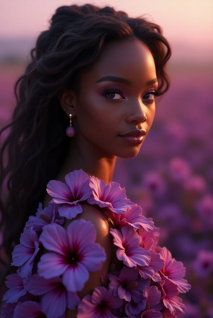 (masterpiece, best quality:1.5), highest quality, High resolution, super detailed, Realists, Upper body photo of a 22 year old black flower girl, dark skin, detailed and beautiful eyes, beautiful detailed lips, very detailed eyes and face, longeyelashes, 22-year-old woman in a purple short dress made of shiny satin fabric, Beautiful and colorful makeup, elegant and noble々Pose,shiny satin headband, grind, Holding flowers, Gardens as background, soft daylight, bright colors, fine brushstrokes, Portrait style, Noble details in the dress fabric, beautiful color palette, glowing skin, First-class rendering, that captures every detail, enchanting atmosphere, subtle shadows and lights, (perfect anatomy:1.2), (The two stunning 18-year-old flower girls carry baskets of rose petals. (magnificent panorama view:1.2)