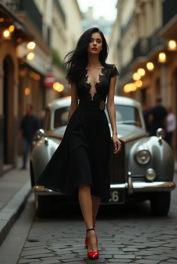 Sensual woman around 20 years old in vintage haute couture, Leaning on the hood of a vintage car, A city, in which Gothic and Art Nouveau architecture merge,