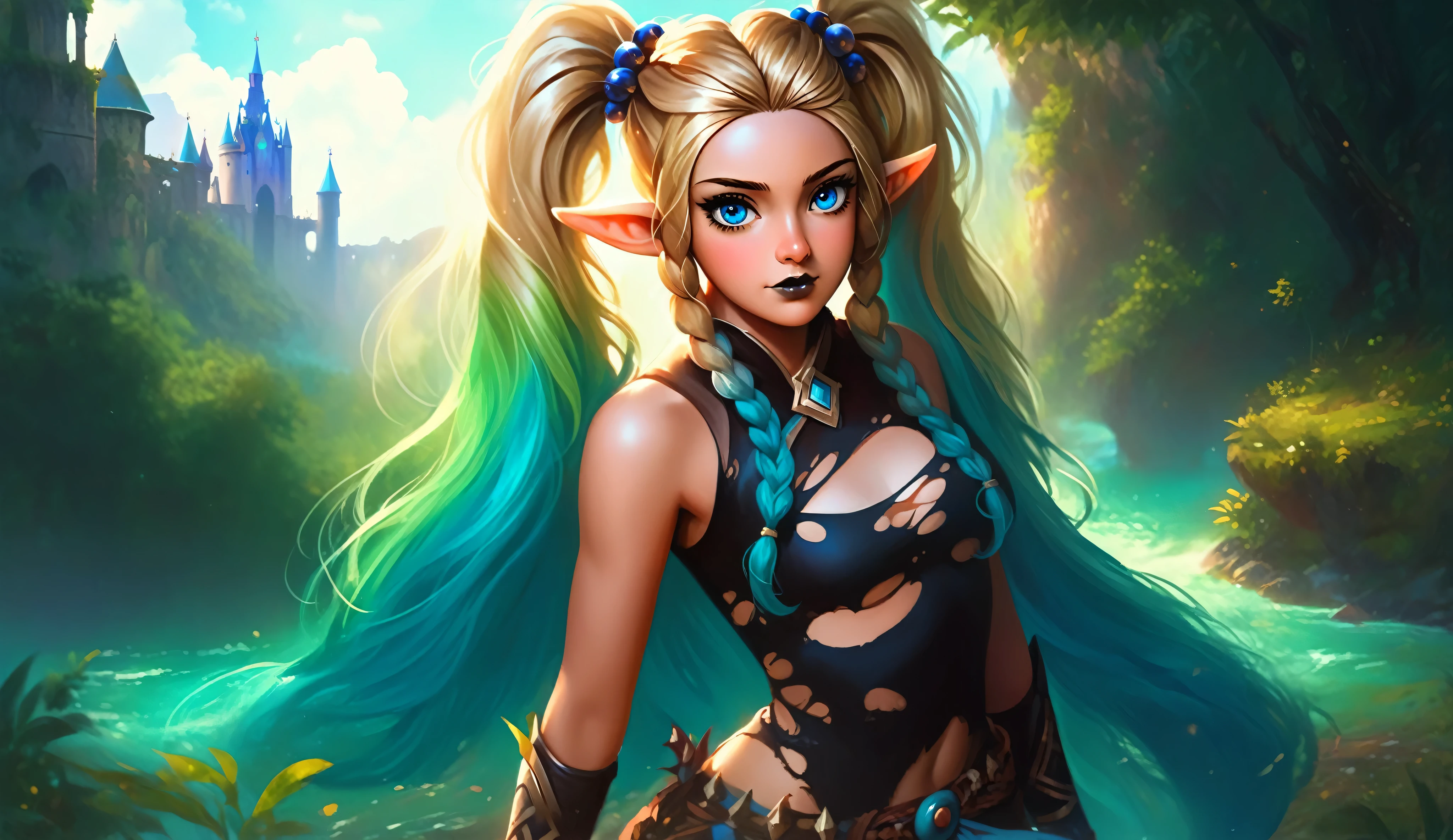 masterpiece, newest, absurdres, masterpiece, highly detailed, beautiful anime, lineart, realistic anime, semi realistic, ((very aesthetic, best quality, ultra detailed)), (perfect face, cute face, like face), fantasy background, extreme colors, Bavarian forest, mountainside, river, castle ruins, intricate details, colorful, ((dramatic lighting)), fantasy, girl, ((looking at viewer)), perfect face, ((torn clothes)), twinbraids, blonde, elf girl, ponytail, sidelocks, pointy ears, sleeveless shirt, green thighhighs, swimsuit, black lips, mascara, Long eyelashes, dark elf, very long hair, multicolored hair, parody, braid, outdoors, messy hair, gradient hair, sleeveless, blue hair, twintails, hair ornament, bikini top only, tribal, loincloth, torn clothes, beads, hair beads, blue eyes, long hair, blonde hair