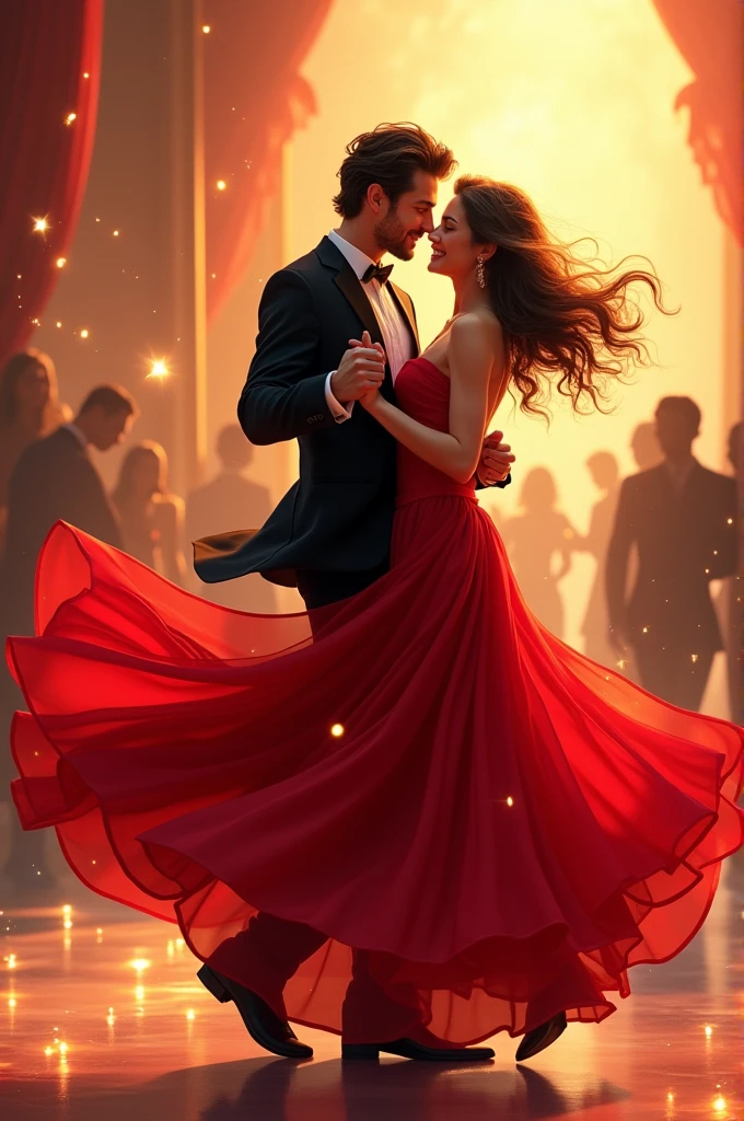 Dancing couple in love happiness to the rhythm of joyful music red dress and suit 