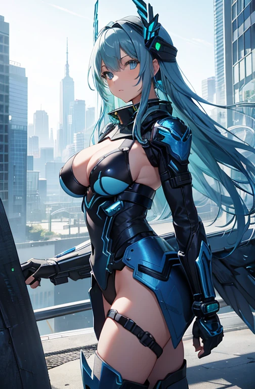 最high quality、best image quality、masterpiece、girl((20-year-old、 By becoming、vest bust、medium bust,wide open breast tea、shining eyes, light blue hair、long hair、thin,highest valley、ponytail、robot body、Machine body、half-backed posture、floating state、mechanical sword、sharp mechanical wings、shiny boots、smile、black underwear、black skirt、whole body secretions)),high quality、beautiful art、background((Near future、Machine area))、Flight、debris flies、Depth of written boundary、movie、visual art、perfect art、8k,genuine、