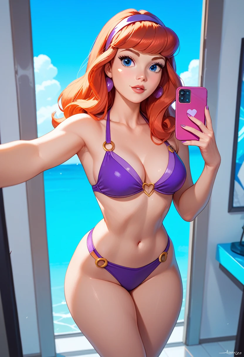 (Daphne Blake), (  perfect anatomy  :1.4), (detailed face :1.4), ( wearing a purple swimsuit), ( cinematographic lighting  :1.4), score_9, score_8_below, score_7_below,((red hair:1)),exposed thighs, Selfie,smile,thick thighs,((lower view of knees  :1.2))