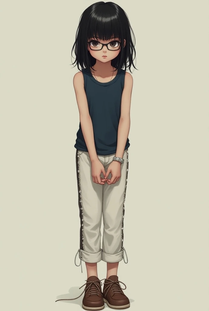 girl with black straight hair,cut to shoulder length ,black eyes, pretty face, pink lips,slim, green t-shirt,medium chest,slim,denim jeans and brown shoes,standing,full body image.