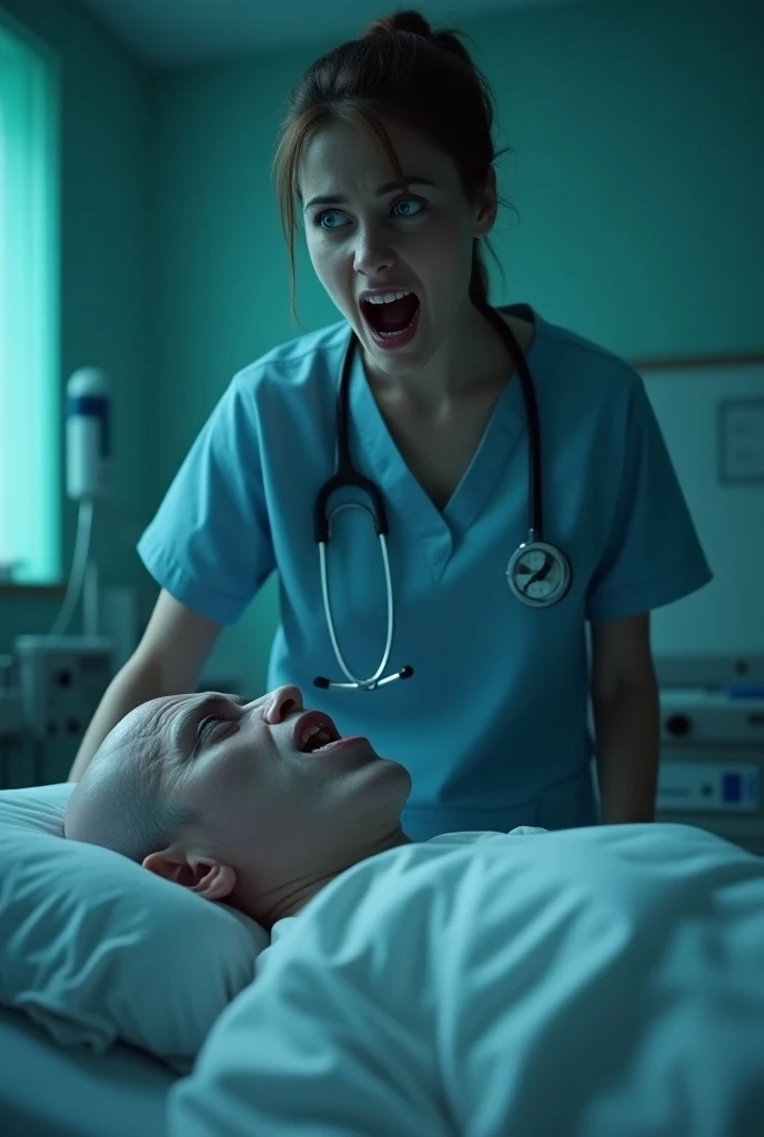 (Nswf), Undead evil nurse in a kneeling pose sucks a pennis of orc, (oral rape:1.4), (oral sex:1.3), (suck dick), violence, rape of mouth, coercion to oral sex, torn panties, hand on head