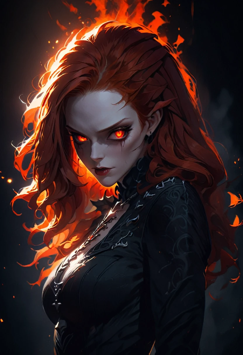 a redhead evil vampire villainess, dramatic pose, backlighting scene, dark and foreboding atmosphere, tense vibe, dark aura fiery aura 