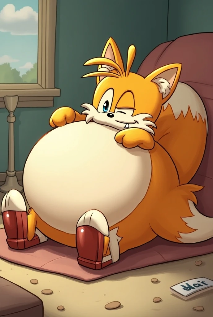 Cartoony style, furry oc, commission, furry oc commission, feral, large stature, tall and thim, big squishy belly, soft flabby gut, smooth doughy belly, overfed, overstuffed, full belly, full to bursting, engorged, skinny, thick flabby gut, latex bodysuit, sweaty, slick texture, tired, sigh, steamy, exausted, exasperated, messy room, bedroom, she groans in discomfort as her bloated belly gurgles and churns, burp, belching, gassy, heavy distended gut, massive belly size, sitting down, swivel chair,  thick crests of fur, thick fluffy tail, Crimson striped fur, angular depth, paws, whiskers, muzle, forest, foilage, canopy, trees, forest habitat, Well polished, extremely detailed, delicate features, Zachary911