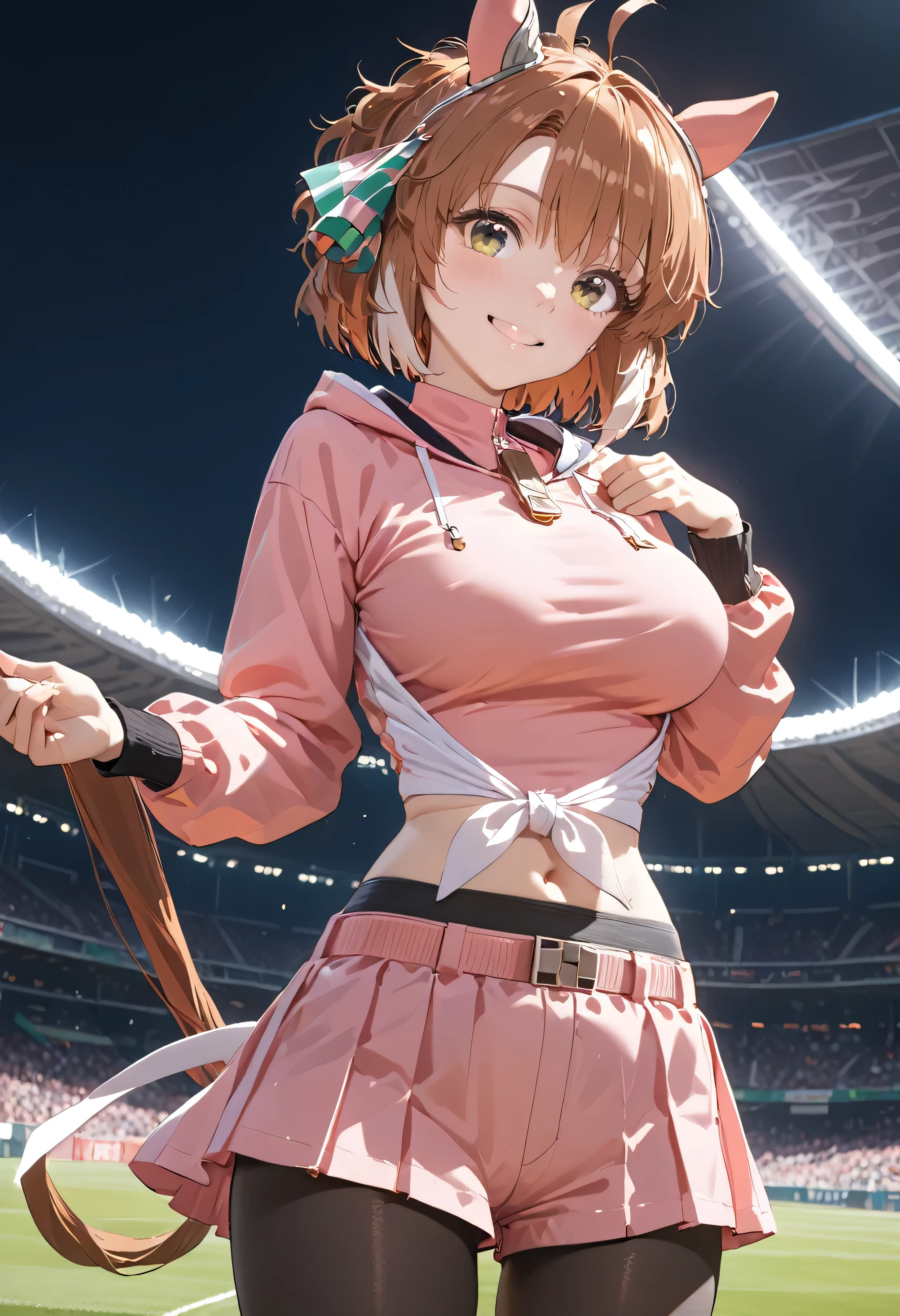 1girl,dantsu_flame\(umamusume\),horse tail,horse ears,black pantyhose, midriff, belt, tied shirt, pink skirt, navel, solo, pink shirt, long sleeves, pink shorts,(((from side)),((from below)),((Dutch angle)),(((((stadium))))),(((((looking at stadium))))),teardrop,smile,put her hand chest,outdoor,turf,night,moon,shiny skin, shiny,ai-generated,beautiful eyes,masterpiece,best quality,highres,4k,8k,art by Sincos,Cute,Anime,Artist by sincos