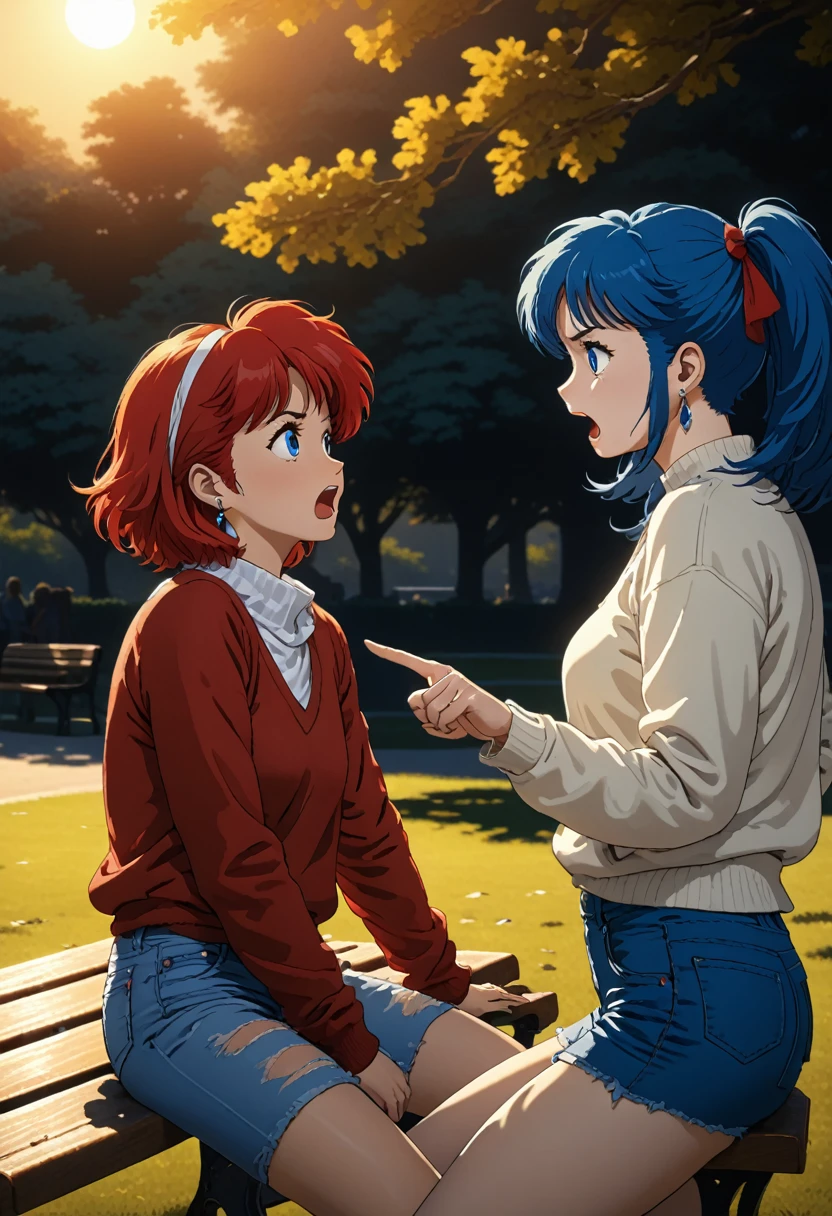 2girls, dirty pair, BREAK kay, dark skin tone, short hair, red hair, red eyes, hair band, earrings, jewelry, yuri, pale skin, long hair, blue hair, blue eyes, pointing at other person, arguing, open mouth, sweater, jeans, outdoors, park, sitting, bench score_9, score_8_up, score_7_up, score_6_up, score_5_up, score_4_up, BREAK source_anime, masterpiece, exquisite, absurd, cinematic lighting, chiaroscuro, sunset lighting, deep shadows, backlighting, deep focus, sharp focus, dramatic shadows, finely delineated, dramatic angle, hyper detail, perfect anatomy, detailed background