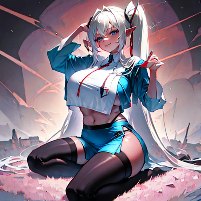 1 girl, solo, Shiranui_Flare, very large breasts, dark_elf, pale grey skin, white hair with black tips, long pointy ears, long hair, low ponytail, sidebangs, hair between eyes, straight hair, starry blue eyes, wide hips, curvy waist, thick thighs, milf, wide V-neck, tight shirt, bodystocking, pencil skirt, black pantyhose, sitting, alien-like command post, evil smile