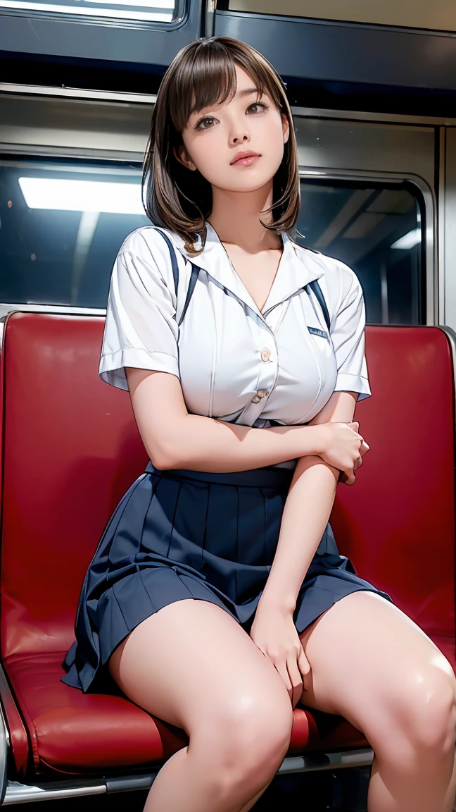 High-definition images, atmospheric perspective, 8K, Super detailed, Accurate, highest quality,
1 girl, alone, chest, looking at the viewer, (look at the audience,:1.5),
brown hair, brown eyes, parted lips, smile slightly、underwear, panties, (japanese school uniform),
(navy blue mini skirt), (sit on a train seat:1.5), (spread your legs to the side:1.4)、underwear, panties, parted lips,
lips, (navy blue skirt), full body shot, (((spread your legs, crossed arms))), showing sexy 、(whiteの panties:1.5), realistic ,
(white, collared shirt, ribbon tie),
(Do not expose your upper body:1.5),((Ceiling from below:1.2))、((from below:1.38))、
(turn your body toward the viewer:1.5) , (from below, look up:1.5), ((15 year old Japanese girl, short bob))