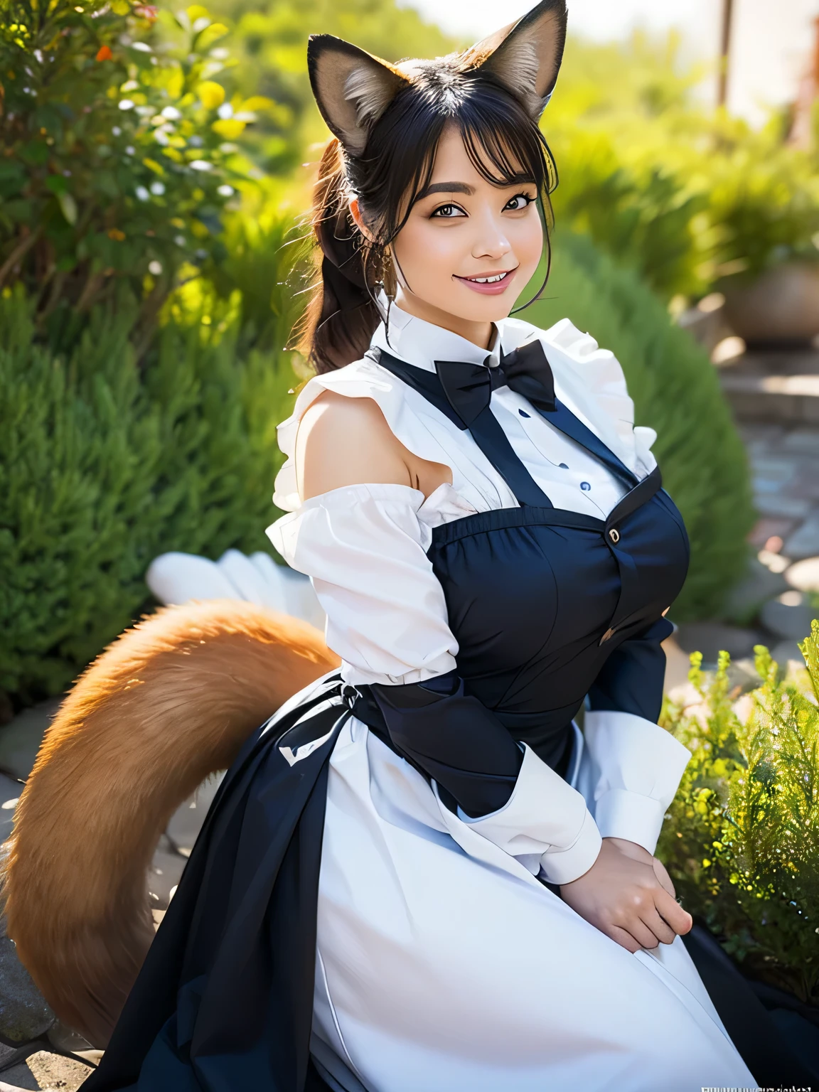 ((highest quality)), ((masterpiece)), (get used to it), perfect face, fox girl, Beautiful woman, public, It has a tail, she has a fluffy tail, she has a fox tail, she shows her tail, troubled face, She wears a maid outfit, beautiful hips, big breasts , big tail, From maid outfit to fox tail