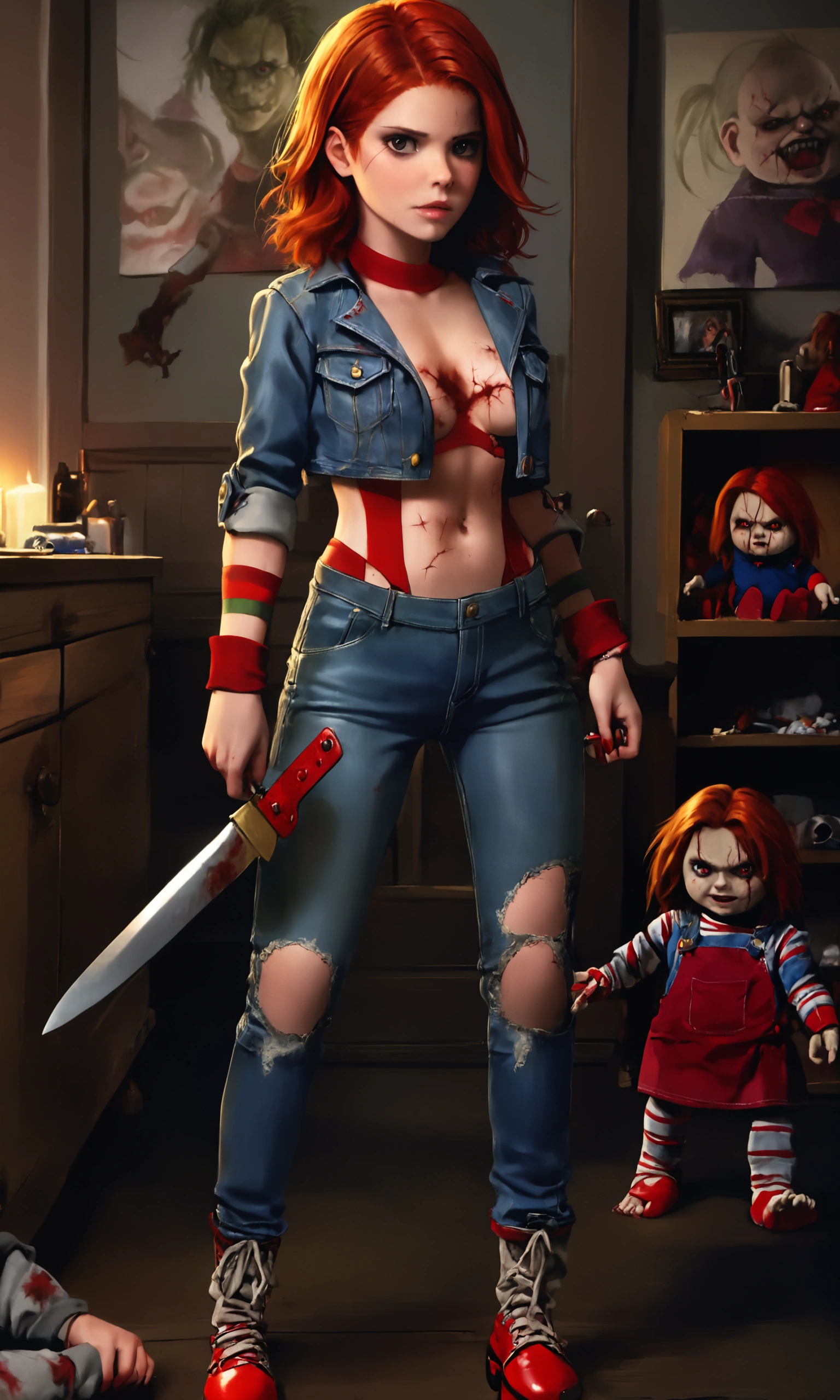 A young Kate Mara, age 20, playing the role of Chucky, wearing a scandalous sexy outfit themed after Chucky's , Kate has large cracks and breaks in her skin crudely sewn or stitched back together in places, a crazy and malicious face expression, wielding a knife, in a bedroom setting, show her from head to toe, show all of her, show her entire body (best quality,4k,8k,highres,masterpiece:1.2),ultra-detailed,(realistic,photorealistic,photo-realistic:1.37),horror,dark,dramatic lighting,high contrast,vivid colors,intricate details