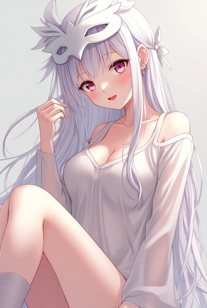 1 girl, long white t shirt until thighs, home, laying on the bed, sunbather position , long silver hair, purple colour eyes, smiling, excited, beautiful, pale skin, perfect body figure, normal breast 1:3, cute , fox ears