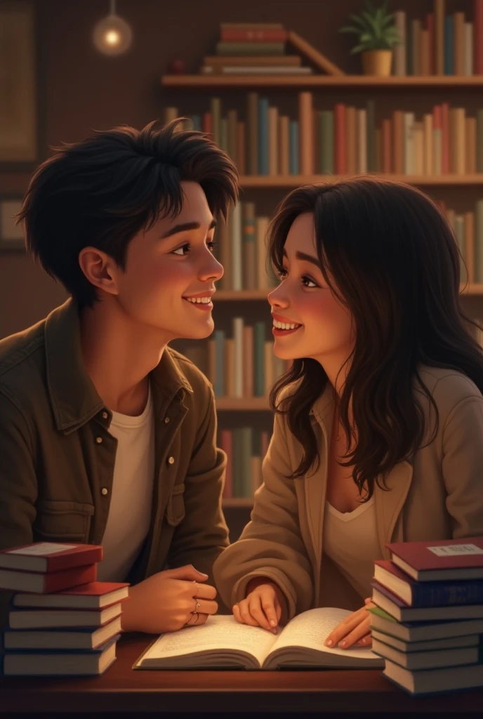 Create a boy and girl looking at eachother with smile. Seating in college library. Girl wears purple tshirt. Boy wears white tshirt. Create realistic surrounding. Create realistic faces and Wearing college identity