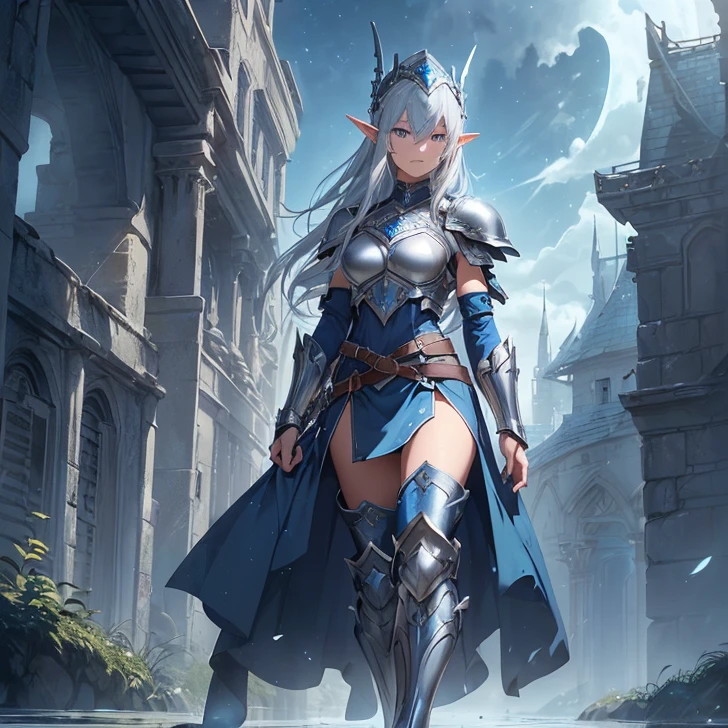 Elven female knight,Perfect slim body,Mature royal sister face,Double ponytail curls,Knight armor,Sensual and alluring,Refined looks,Full body like,4K quality,Feminine expression,is shy,Star-like deep eyes,large tities,A short skirt,Knife pulling posture。Large bust,Fight Warcraft,speed-line,Best quality at best,tmasterpiece,Magnificent background,On the battlefield,Rags