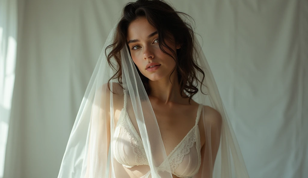 Young half-naked lady looking to the left with her hands holding some clothes