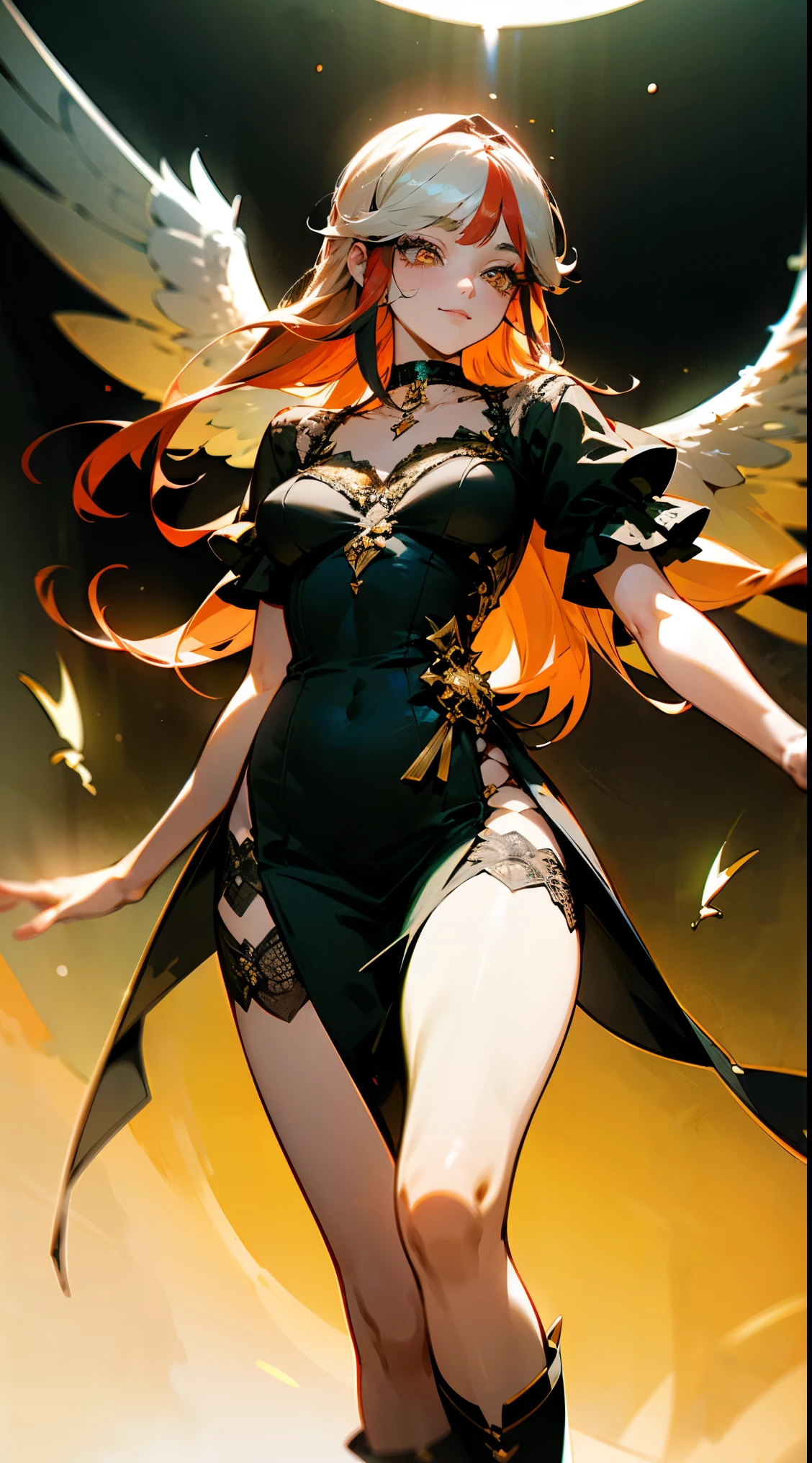 (geometric:1.1), ((1 anime girl, amazing, cute girl)), (Masterpiece, Best quality, Beautiful and aesthetic:1.2),((Ultra-high resolution, Golden ratio)), (Physically-based rendering), Sharp focus, (((high detail skin))), Intricately detailed clothing, Delicate pupils, Danfeng Eye,((((multicolor hair, detailed hair, long hair)))), Slender, ((extremely_Detailed_eyes_and_face)), long eyelash, (masterpiece side lighting), (Dynamic configuration: 1.2), dynamic pose, Perfect Anatomy, Eyeliner, nsfw, sharp eyes, choker, light smile, hair adornments, fit thighs, thigh gap, stylish, mature, medium breast, Fluttering lace flared long knee length dress with frilly petticoats, knee length dress, complex lace boots, side-lighting, transparent, Lace, Fishnet lingerie and stockings, She wears a sheer, semi-sheer dress that shows off her slender figure. She is an angel who descended into the underworld.