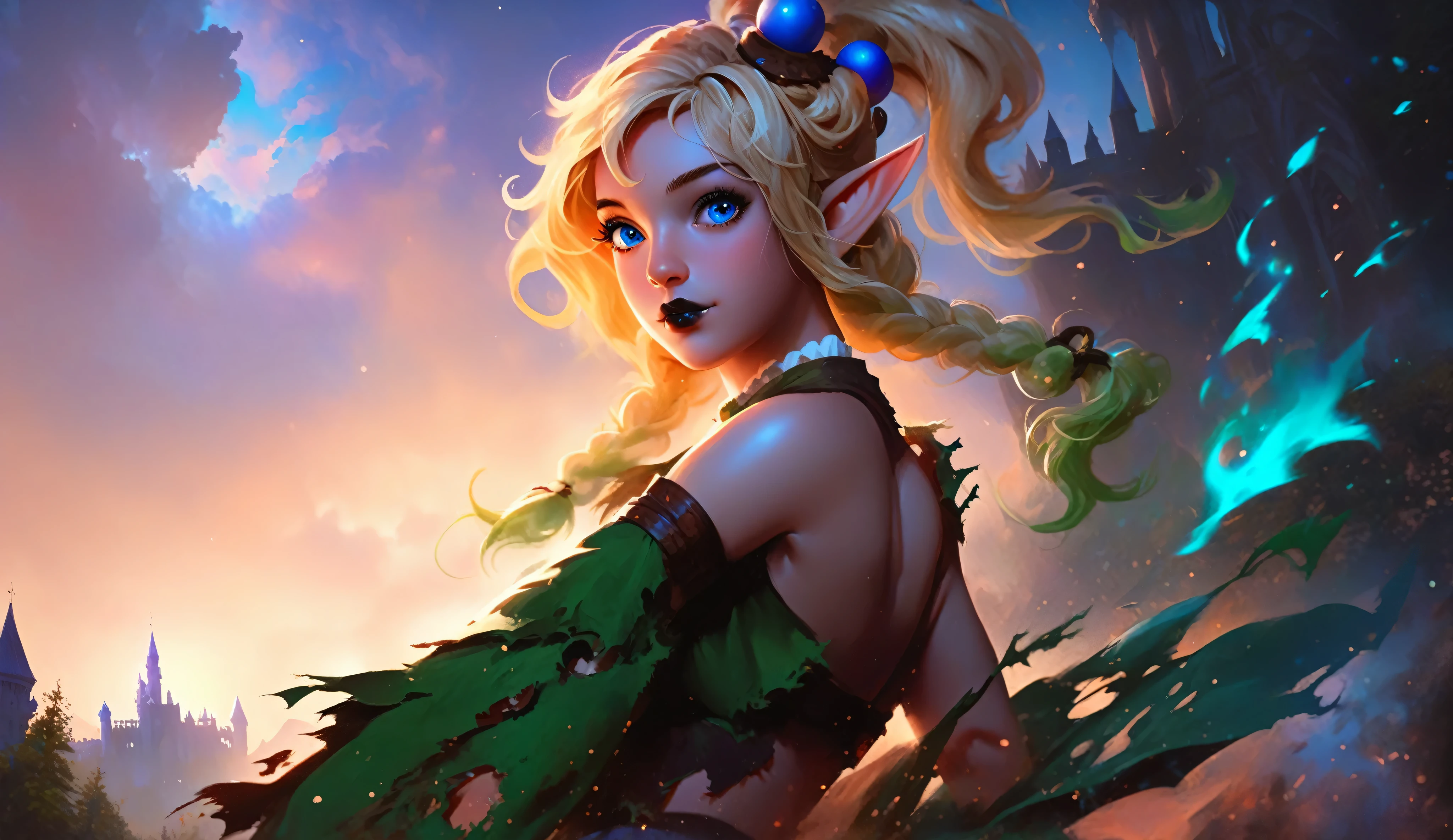 masterpiece, newest, absurdres, masterpiece, highly detailed, beautiful anime, lineart, realistic anime, semi realistic, ((very aesthetic, best quality, ultra detailed)), (perfect face, cute face, like face), fantasy background, extreme colors, Bavarian forest, mountainside, river, castle ruins, intricate details, colorful, ((dramatic lighting)), fantasy, girl, ((looking at viewer)), perfect face, ((torn clothes)), twinbraids, blonde, elf girl, ponytail, sidelocks, pointy ears, sleeveless shirt, green thighhighs, black lips, mascara, Long eyelashes, dark elf, very long hair, multicolored hair, parody, braid, outdoors, messy hair, gradient hair, sleeveless, blue hair, twintails, hair ornament, looking back, bikini top only, tribal, loincloth, torn clothes, beads, hair beads, blue eyes, long hair, blonde hair